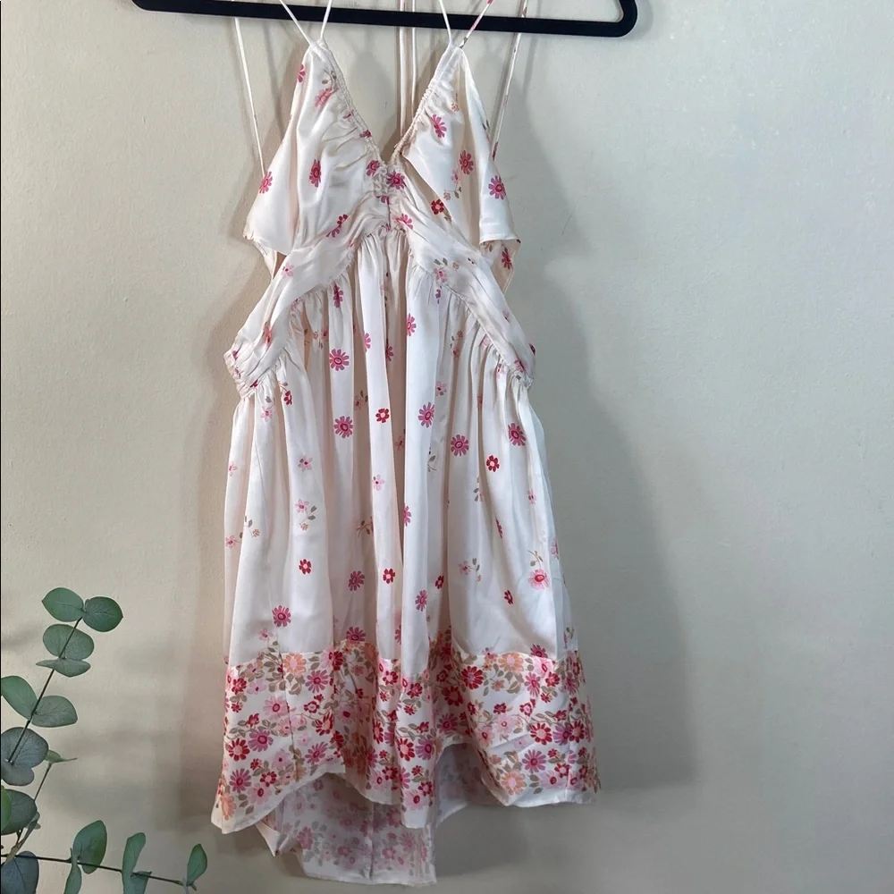 Free People Oasis Placed Floral Mini Slip Dress Cutout Satin Pink White L New - Picture 10 of 11